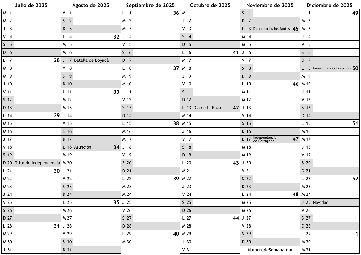 Calendario 2025, segundo semestre