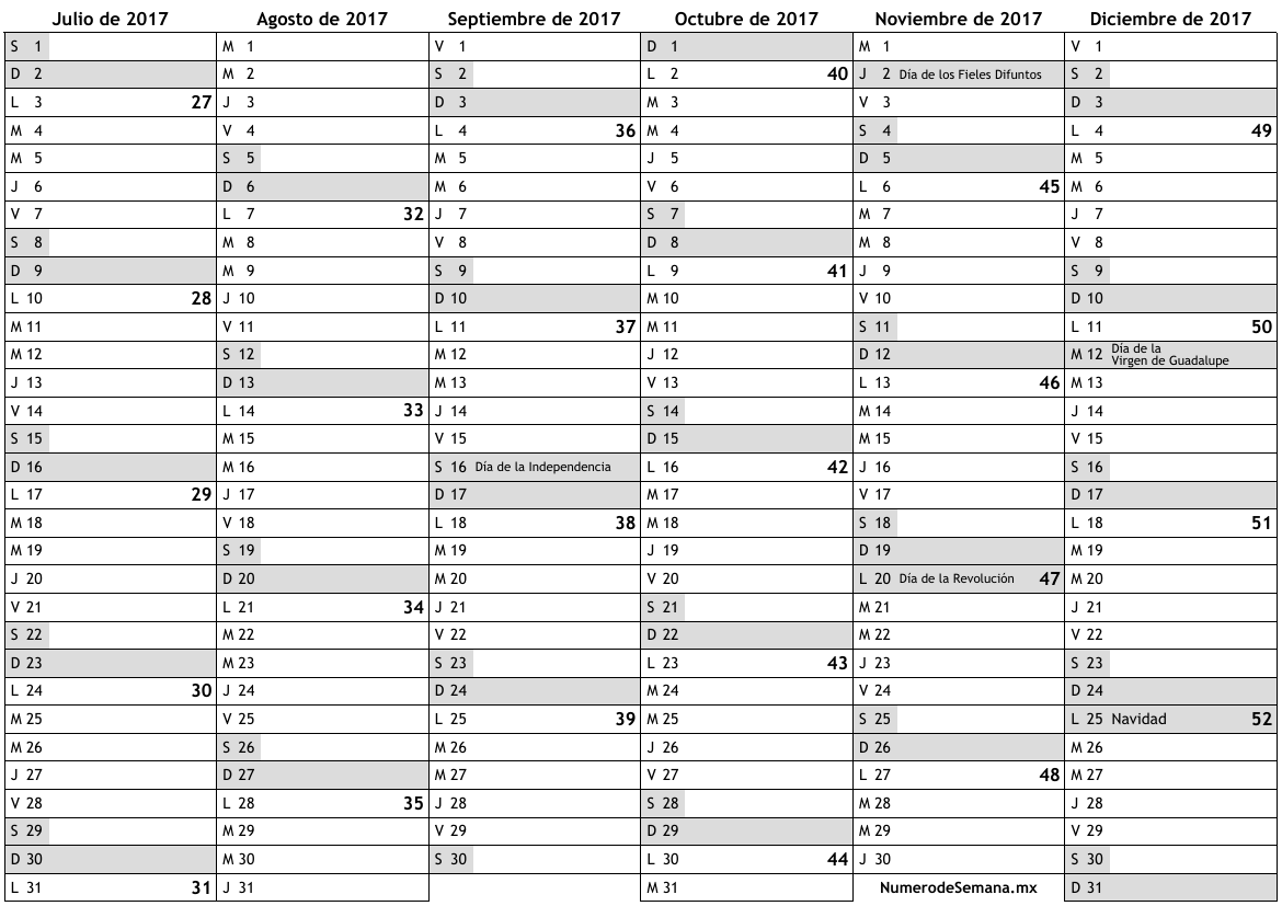 Calendario 2017, segundo semestre