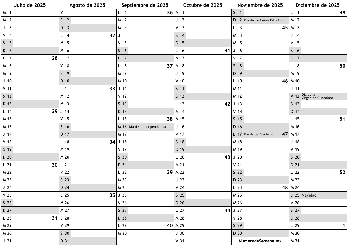 Calendario 2025 Segundo Semestre