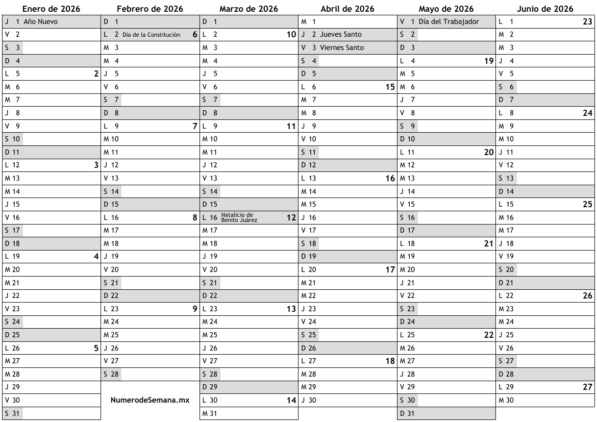 Calendario para 2026 con días festivos e números de semana … almanaques